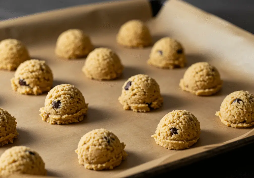 Placing cookie dough on a baking sheet for ginger molasses cookies, showcasing the preparation process for mouthwatering cookies.