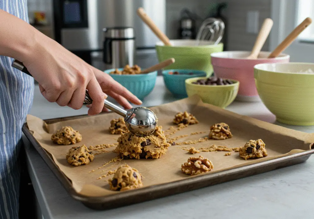 Scoop cookie dough onto baking sheet for healthier chocolate chip cookies, an easy and nutritious recipe perfect for families.