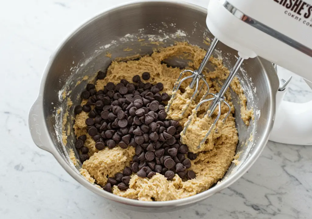 Mixing together the ingredients of Hershey's chocolate chip cookie dough with chocolate chips, highlighting dough preparation.