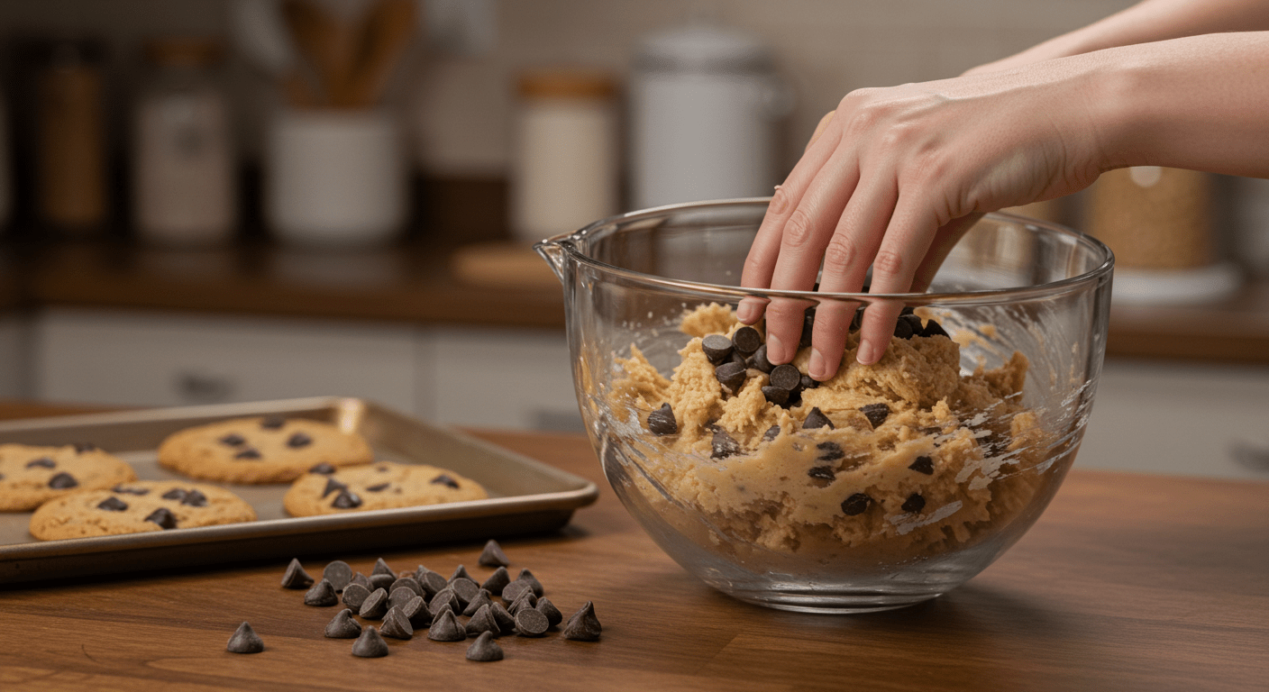 Folding chocolate chips into the dough for Hershey's chocolate cookies, ensuring each bite is packed with chocolatey goodness.