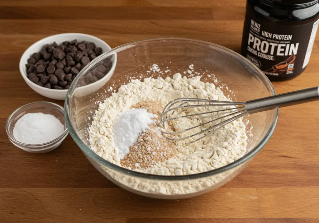 Mixing dry ingredients for high protein chocolate chip cookies with flour, baking soda, salt, and protein powder.