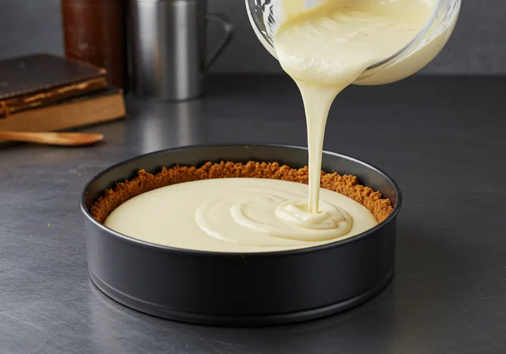 Pouring high protein cheesecake batter into a springform pan for baking to create a healthy dessert.