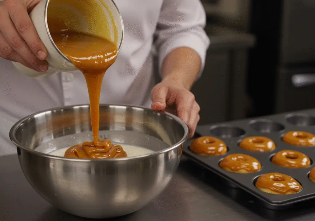 Mixing butterscotch sauce and milk for Hogwarts Hearth Baked Butterbeer Donuts, preparing for a delightful treat.