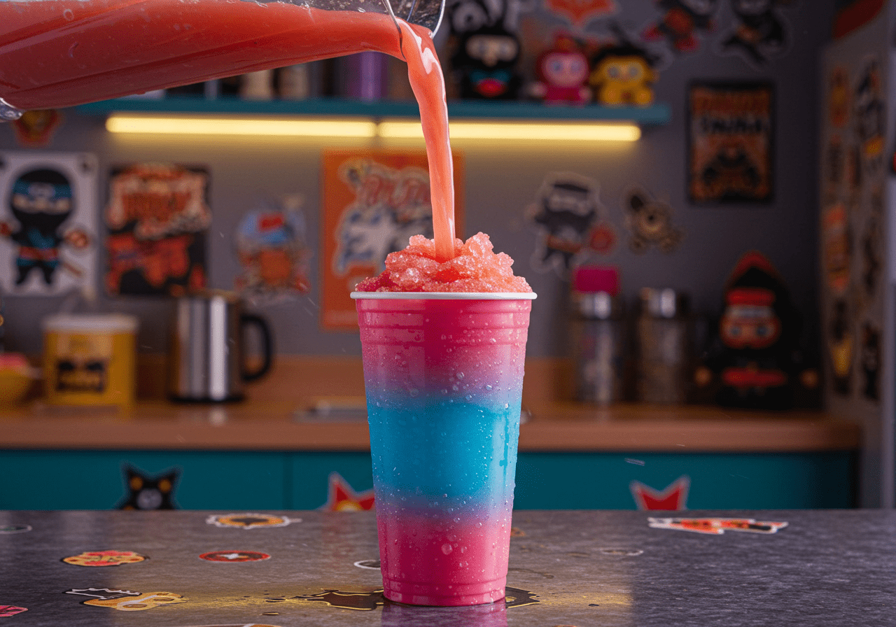 Pouring the vibrant ninja slushie into a cup, ideal for enjoying on a warm day, with fun decorations in the background.