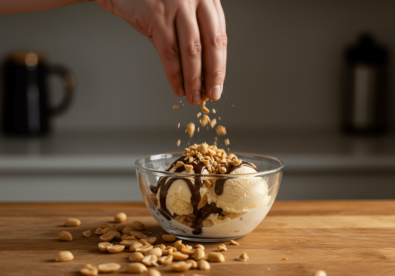 Adding chopped peanuts to moose tracks ice cream mixture with a focus on the delicious peanut crunch.