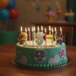 A stunning paw patrol birthday cake displayed on a table, perfect for a birthday celebration, surrounded by festive decorations and candles.