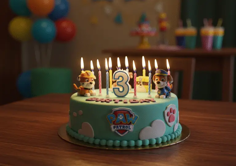 A stunning paw patrol birthday cake displayed on a table, perfect for a birthday celebration, surrounded by festive decorations and candles.