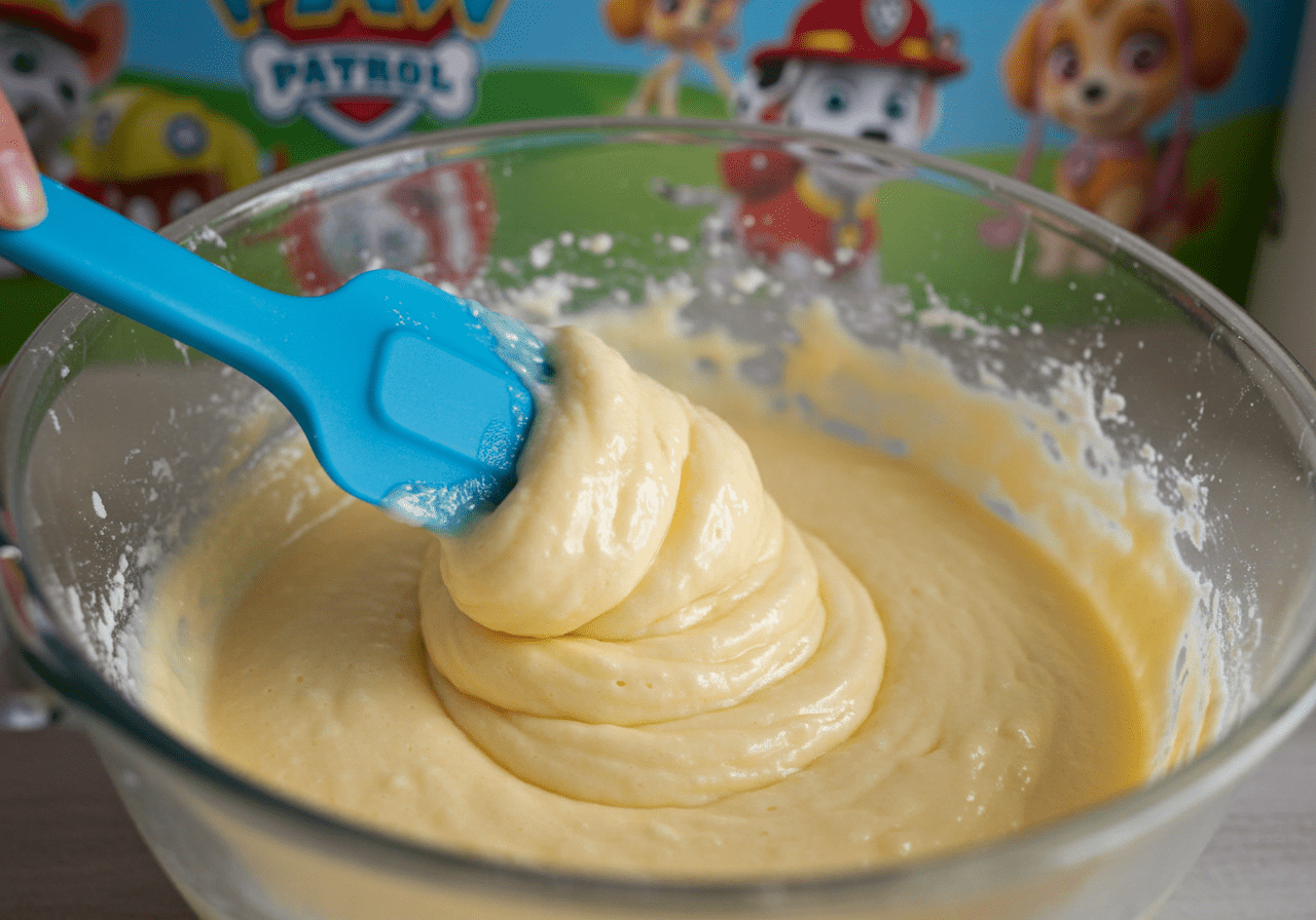 Creating batter for a paw patrol birthday cake using a blue spatula in a decorated kitchen with paw patrol themes.