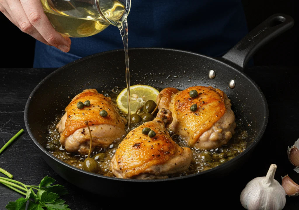 Preparing the signature sauce for Chicken Piccata with white wine, lemon, and capers, creating a rich flavor profile commonly found at Maggiano's.Preparing the signature sauce for Chicken Piccata with white wine, lemon, and capers, creating a rich flavor profile commonly found at Maggiano's.