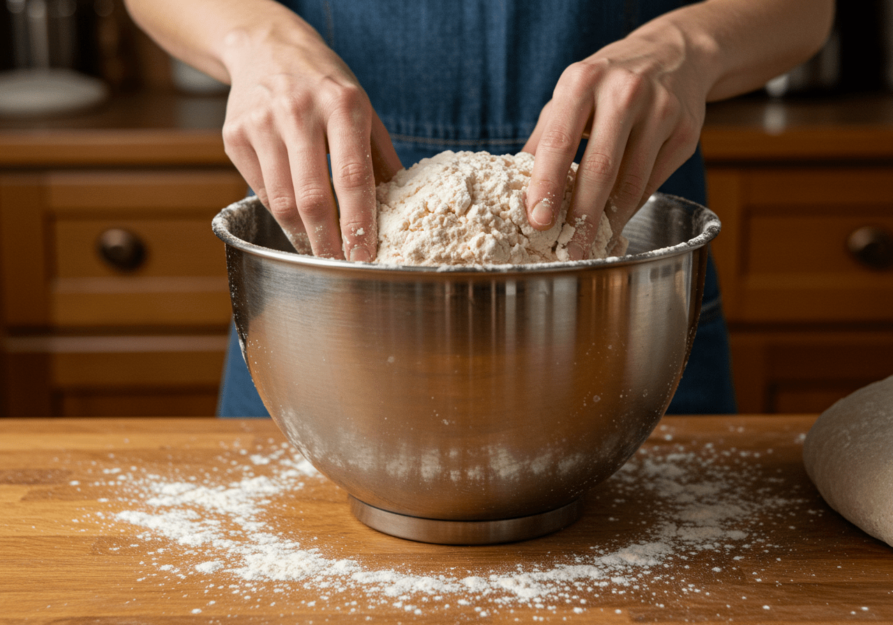 Preparing rosemary sourdough bread dough with flour, water, salt, and starter in a cozy kitchen.