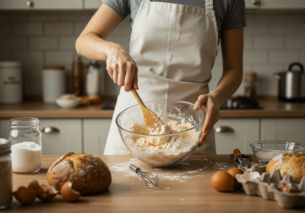 Mixing sourdough discard and flour for delicious English muffins, highlighting the process of making sourdough English muffin bread.