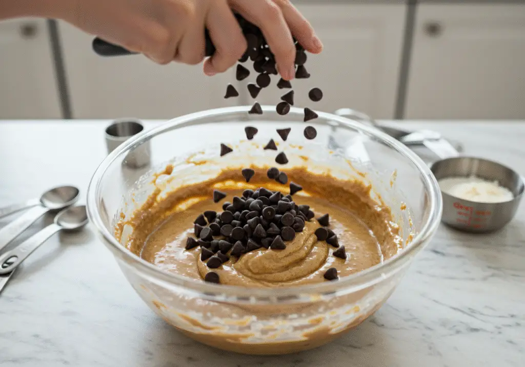 Folding chocolate chips into the cookie dough mixture for low sugar chocolate chip cookies in a bright kitchen environment.