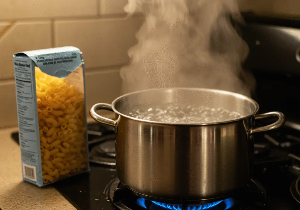 boiling water for dave's hot chicken mac and cheese, preparing macaroni for a creamy dish