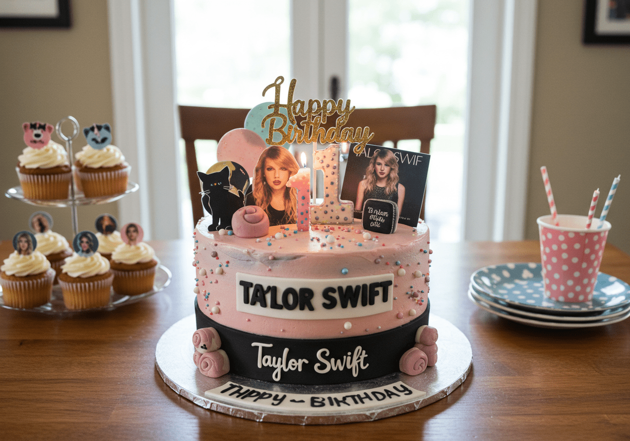 The completed Taylor Swift birthday cake beautifully decorated and ready for a birthday celebration.