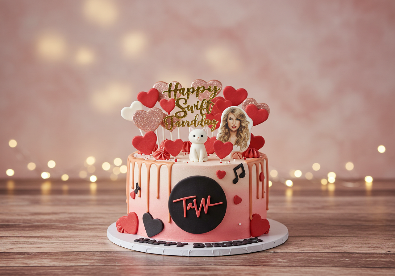 The completed Taylor Swift birthday cake beautifully decorated and ready for a birthday celebration.