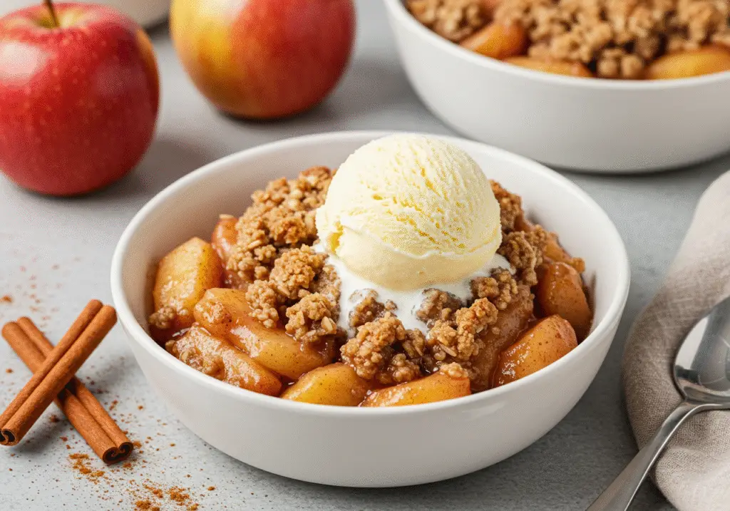 Delicious air fryer apple crisp with a scoop of vanilla ice cream, perfect dessert presentation for an easy and warm treat.