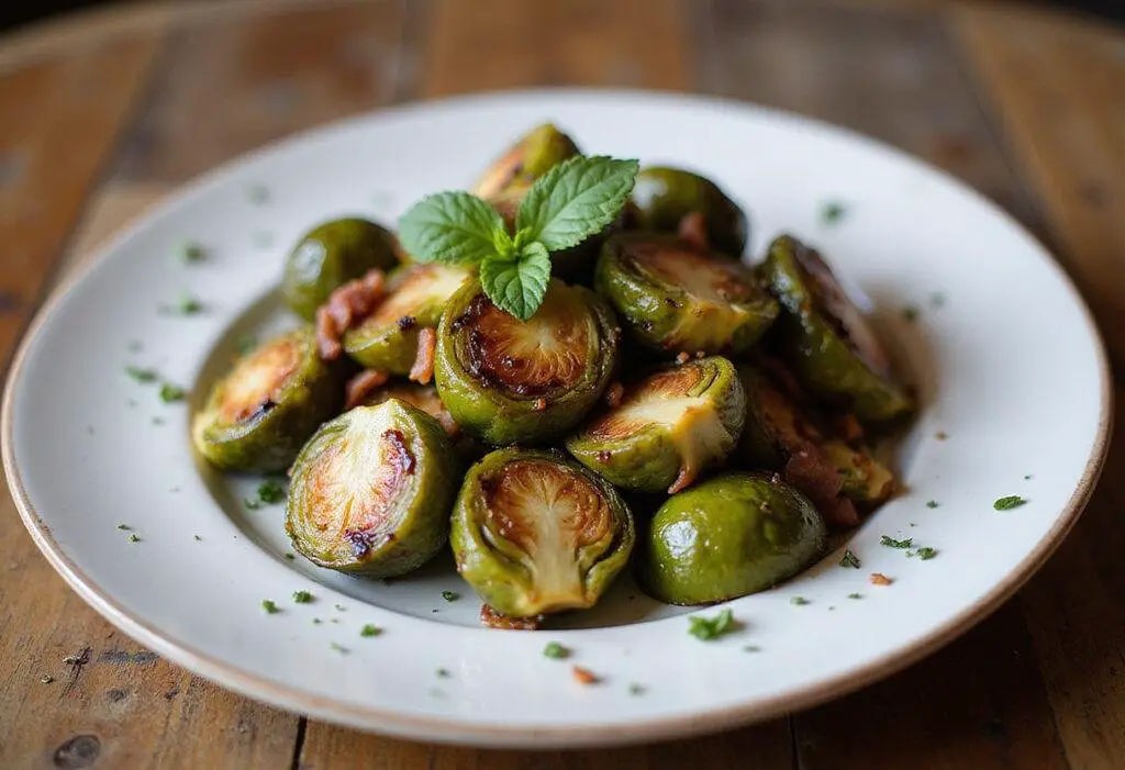 Final dish of air fryer brussel sprouts with bacon and balsamic glaze, perfectly presented for a delicious meal.