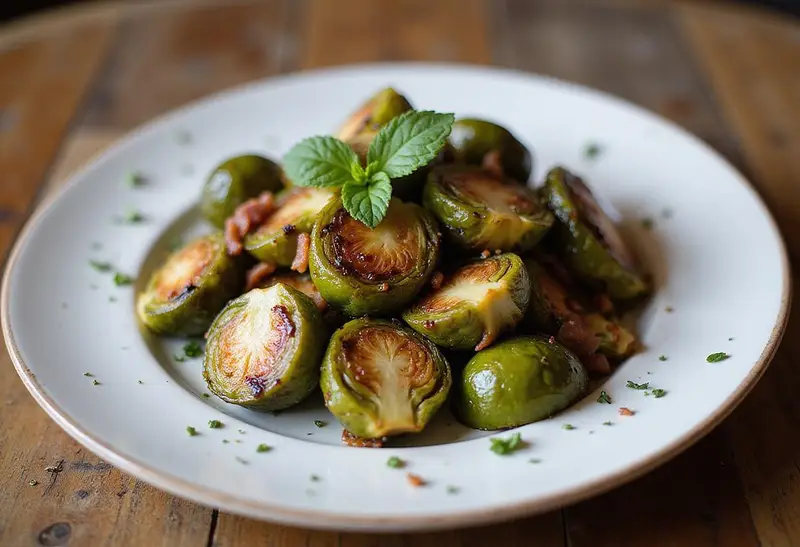 Final dish of air fryer brussel sprouts with bacon and balsamic glaze, perfectly presented for a delicious meal.