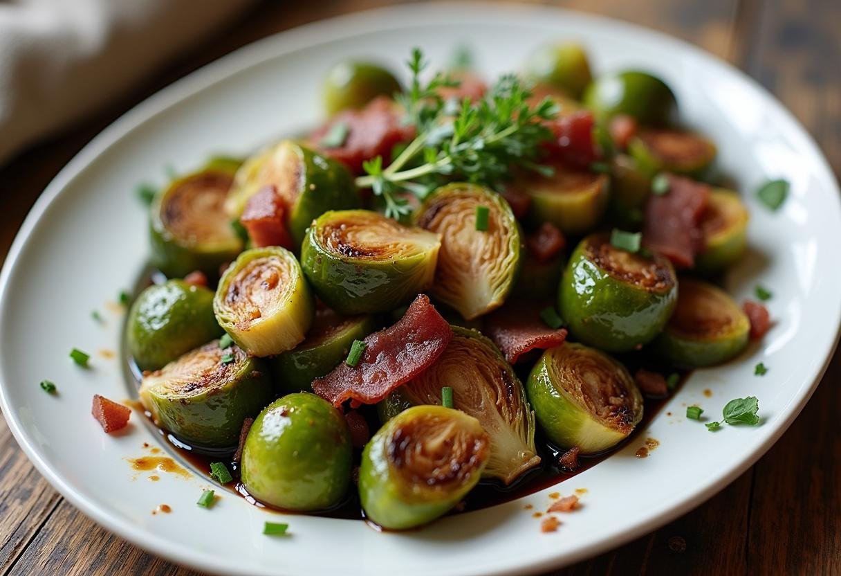 Final dish of air fryer brussel sprouts with bacon and balsamic glaze, perfectly presented for a delicious meal.
