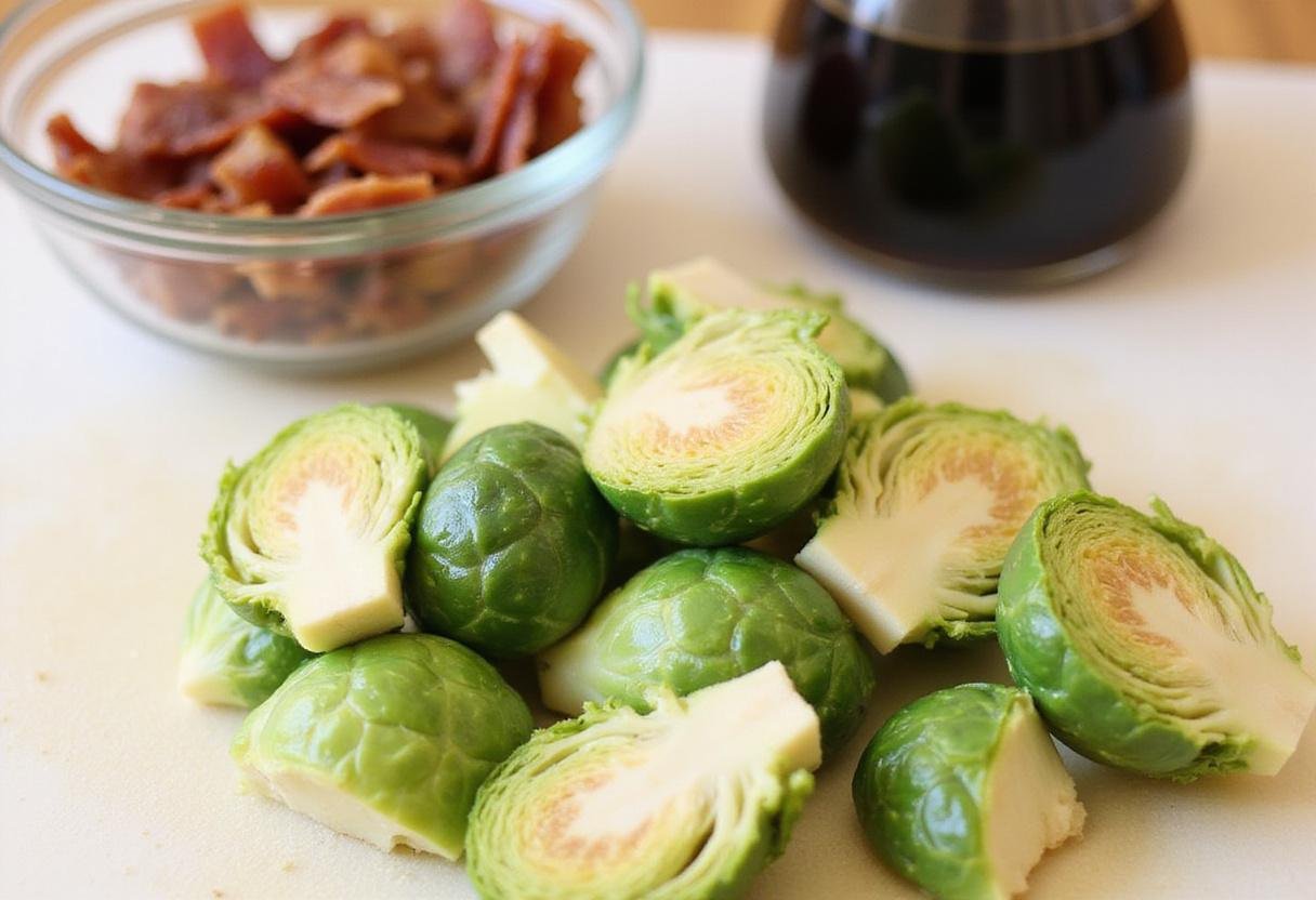 Fresh brussel sprouts being trimmed for air fryer brussel sprouts with bacon and balsamic glaze preparation.