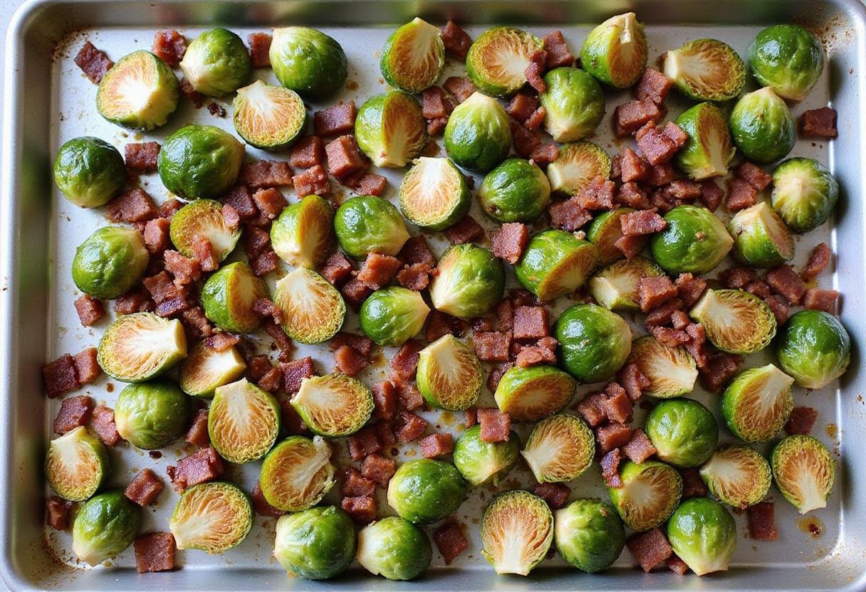 Baking sheet with brussel sprouts and bacon drizzled with balsamic for air fryer brussel sprouts with bacon recipe.