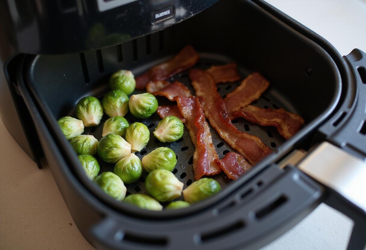 Air fryer in action with brussel sprouts and bacon cooking, perfect for air fryer brussel sprouts balsamic dish.