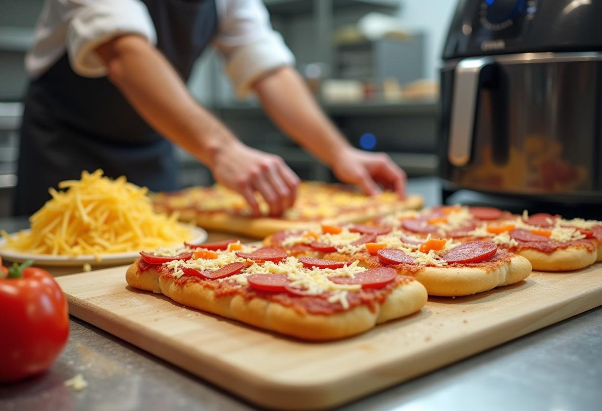 Preparing red baron french bread pizza air fryer with fresh toppings like cheese and bell peppers for a delicious meal.