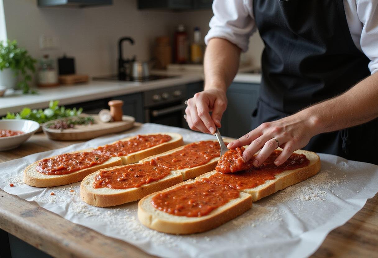 Creating the perfect french bread pizza in air fryer by spreading marinara sauce and spices to elevate the taste.
