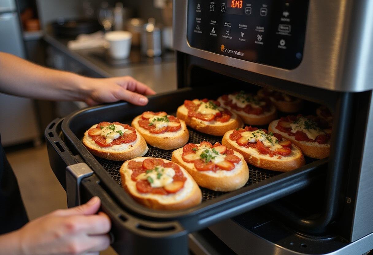 Loading air fryer french bread pizza for a quick and tasty dinner preparation with a well-organized kitchen atmosphere.