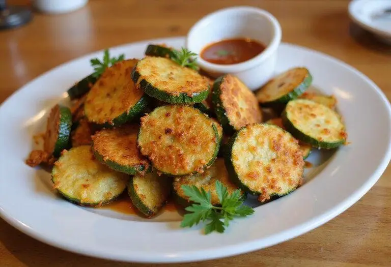 Final presentation of crispy air fryer zucchini fries garnished with parsley and served with dipping sauce, perfect for a flavorful snack.