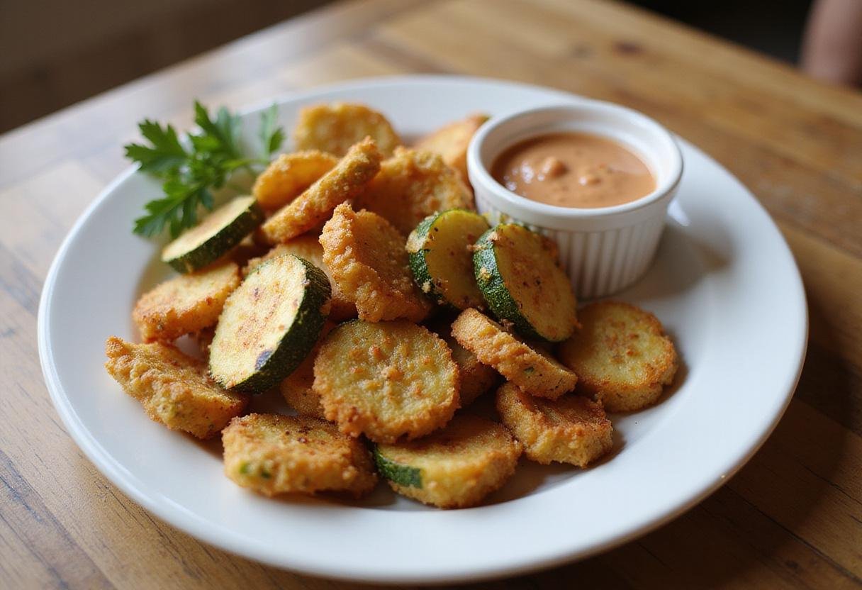 Final presentation of crispy air fryer zucchini fries garnished with parsley and served with dipping sauce, perfect for a flavorful snack.