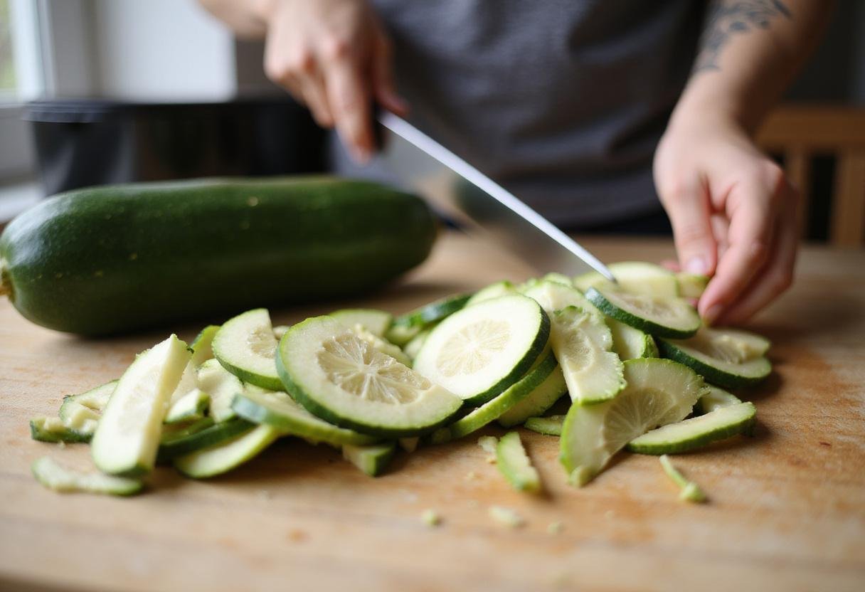 Fresh zucchini sliced into strips for air fryer zucchini fries, showcasing vibrant green color and freshness, perfect for a healthy snack.
