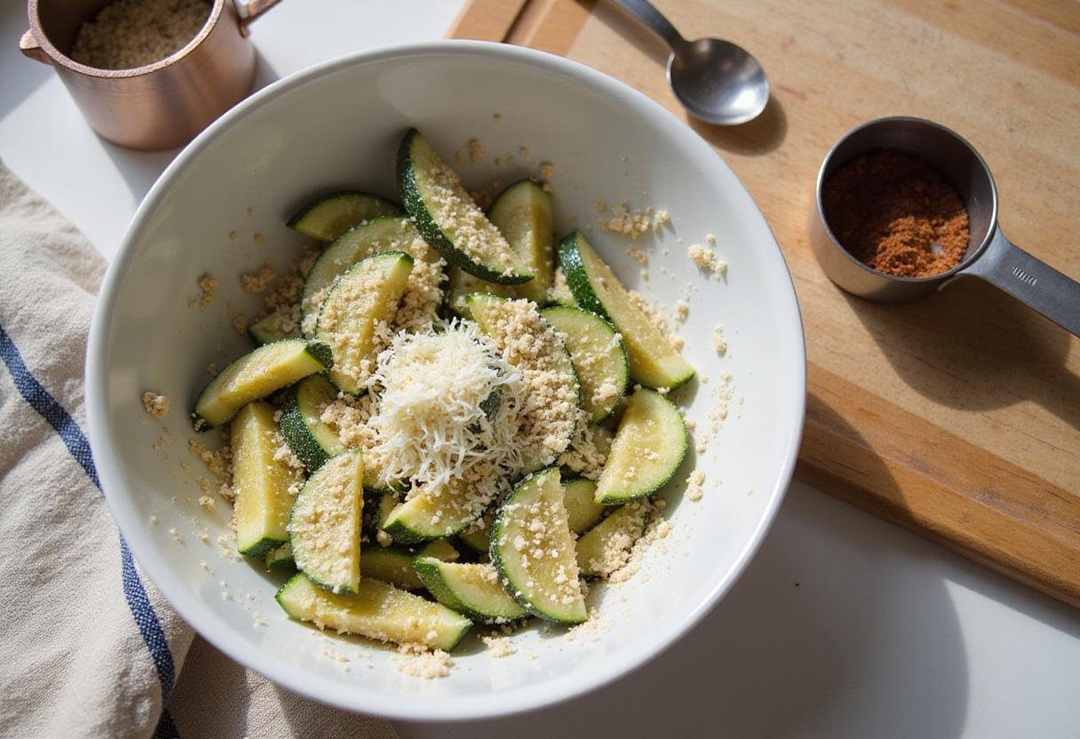 Zucchini fries coated with breadcrumb mixture while preparing air fryer zucchini fries, highlighting the crispy texture and flavorful seasoning.