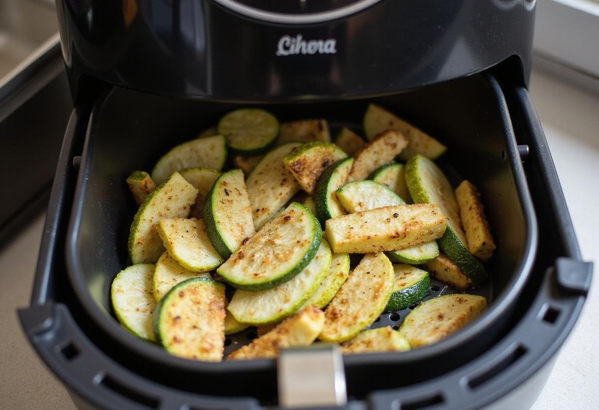 Zucchini fries placed in an air fryer basket waiting to be cooked, illustrating the process of making crispy air fryer zucchini fries.