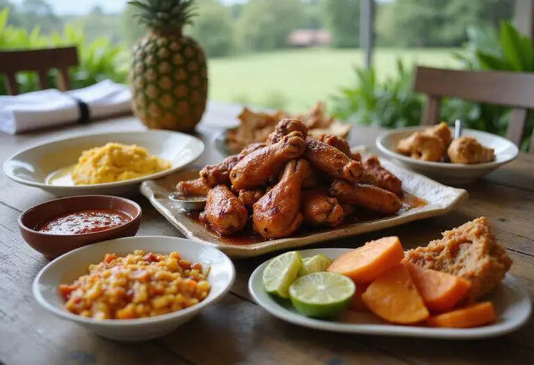 Authentic Jamaican jerk chicken wings served with tropical garnishes and sides, creating an inviting and colorful dinner setting.