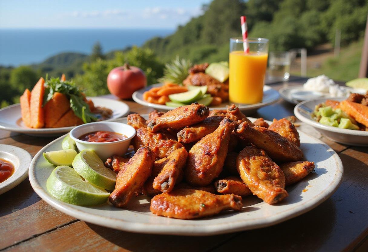 Authentic Jamaican jerk chicken wings served with tropical garnishes and sides, creating an inviting and colorful dinner setting.