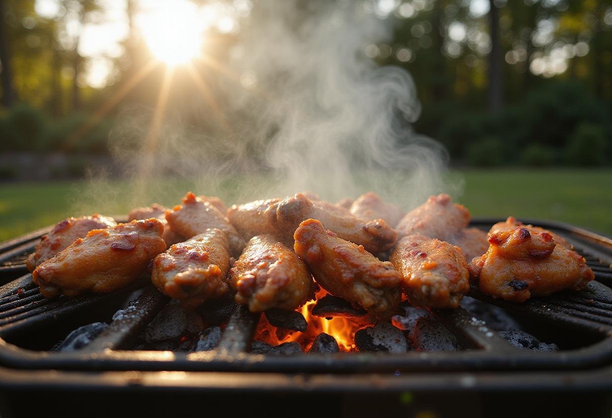 Grilling authentic Jamaican jerk chicken wings, showcasing the smoky flavor development and vibrant colors of the spices cooking.