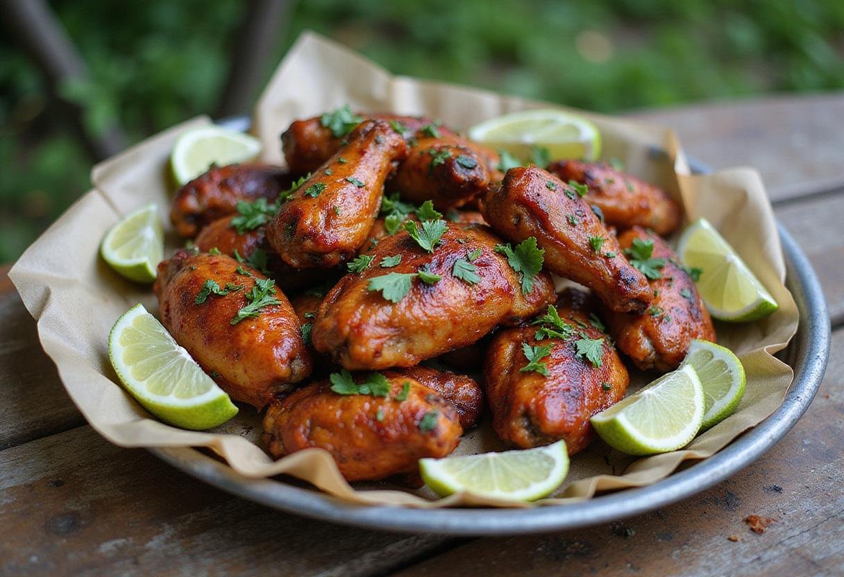 Deliciously cooked authentic Jamaican jerk chicken wings served on a platter, highlighting the garnishes and rustic outdoor dining appeal.