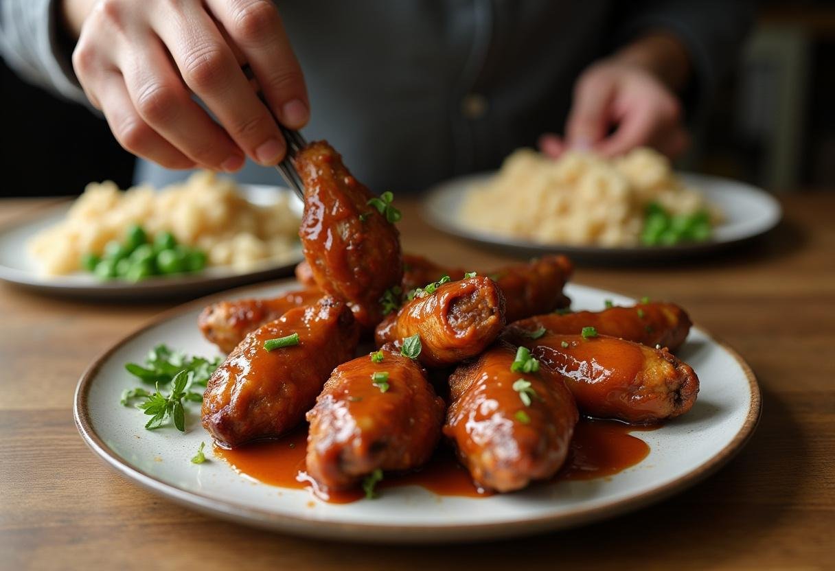 Plating authentic Jamaican jerk chicken wings with sauce and side dishes, emphasizing the colorful and appetizing presentation of the dish.