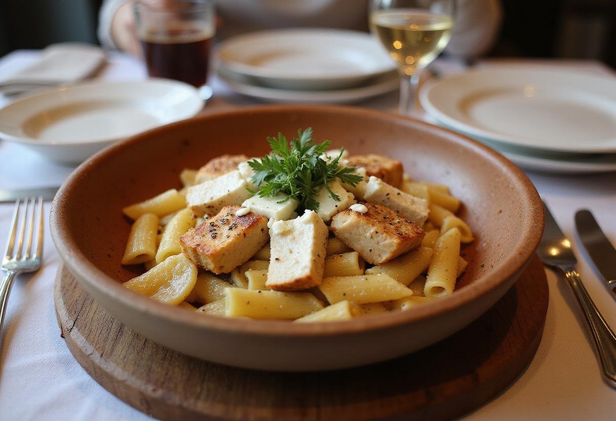 A stunning presentation of baked feta pasta with chicken, showcasing a deliciously creamy and cheesy dish, perfect for serving at dinner.