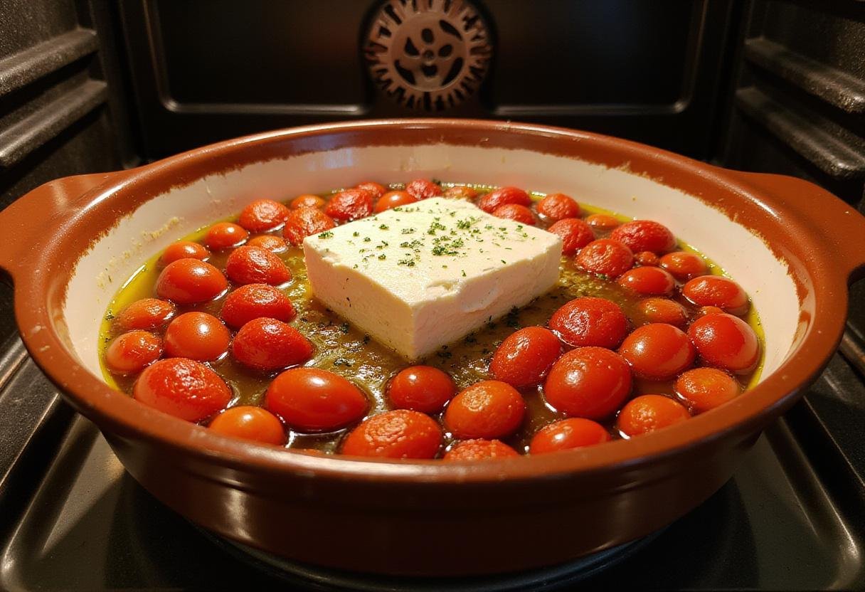 An inviting space showcasing the preparation of baked feta pasta bake with chicken, featuring fresh cherry tomatoes and feta cheese prepped for baking.