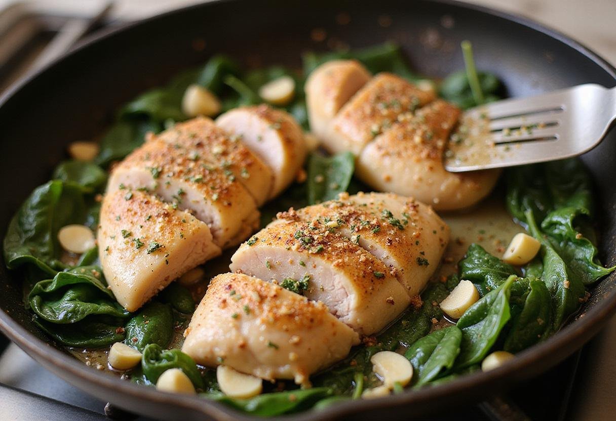 An appetizing view of seasoned chicken and garlic sautéing in a skillet, perfect for a baked feta pasta with chicken dish.