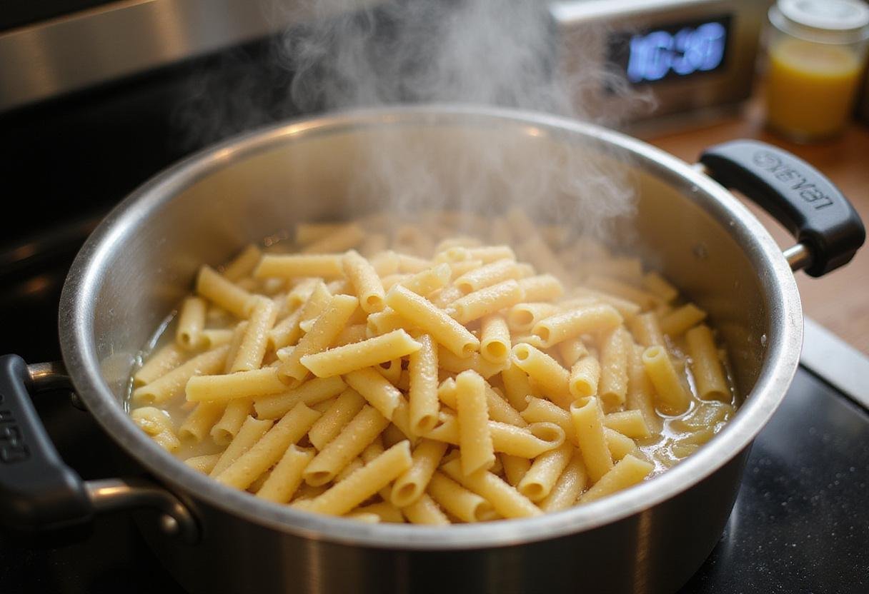 A vibrant scene of boiling pasta, prepared for a delicious feta tomato pasta bake, highlighting the importance of pasta in the recipe.