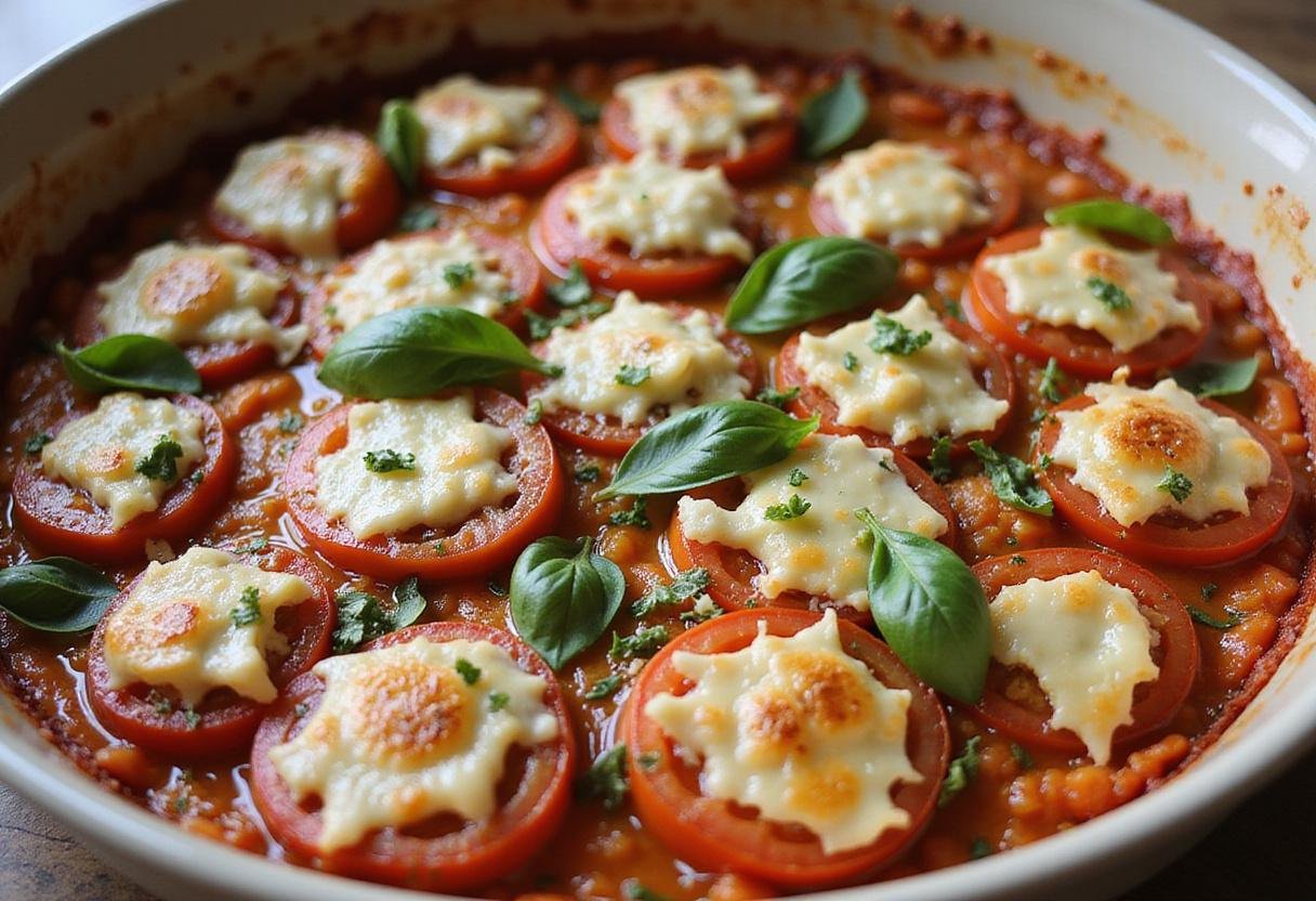 A mouthwatering display of baked feta pasta bake with chicken, featuring golden-brown feta cheese and vibrant roasted tomatoes straight from the oven.