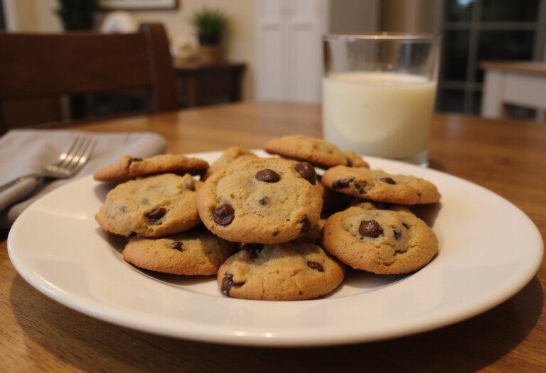 Delicious freshly baked banana chocolate chip cookies served on a plate with a glass of milk, representing a perfect snack.