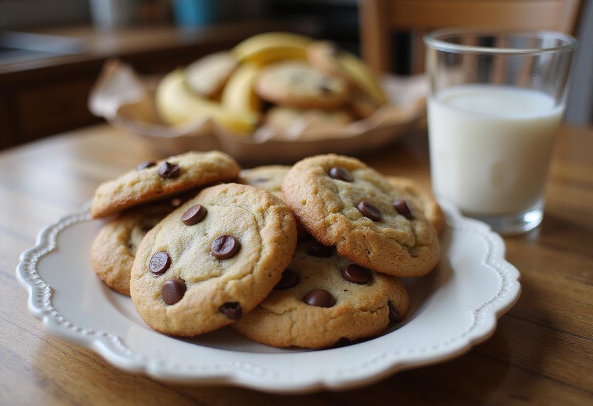 Delicious freshly baked banana chocolate chip cookies served on a plate with a glass of milk, representing a perfect snack.