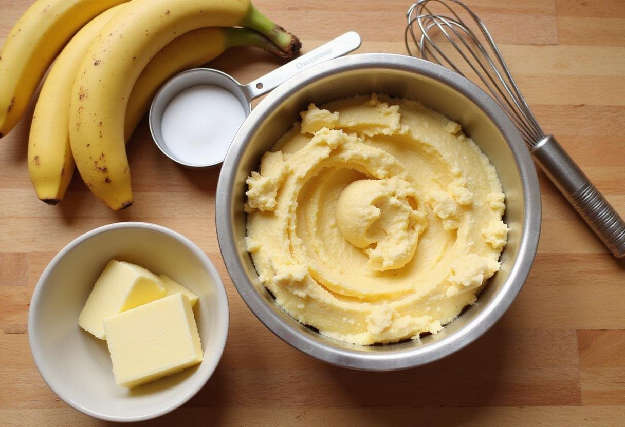 Mashed ripe bananas for banana bread chocolate chip cookies preparation, displayed on a kitchen counter with sugar and melted butter.