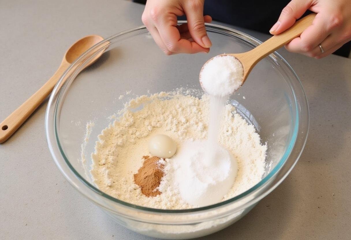 Combining dry ingredients for moist banana chocolate chip cookies with flour, baking soda, and salt on a kitchen counter.