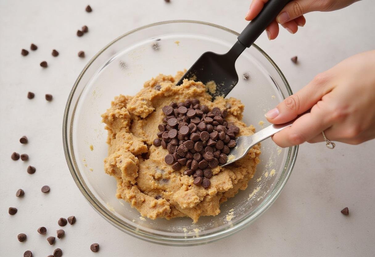 Adding chocolate chips to the mixture for chocolate chip banana cookies, showcasing a bowl of cookie dough and scattered chocolate chips.