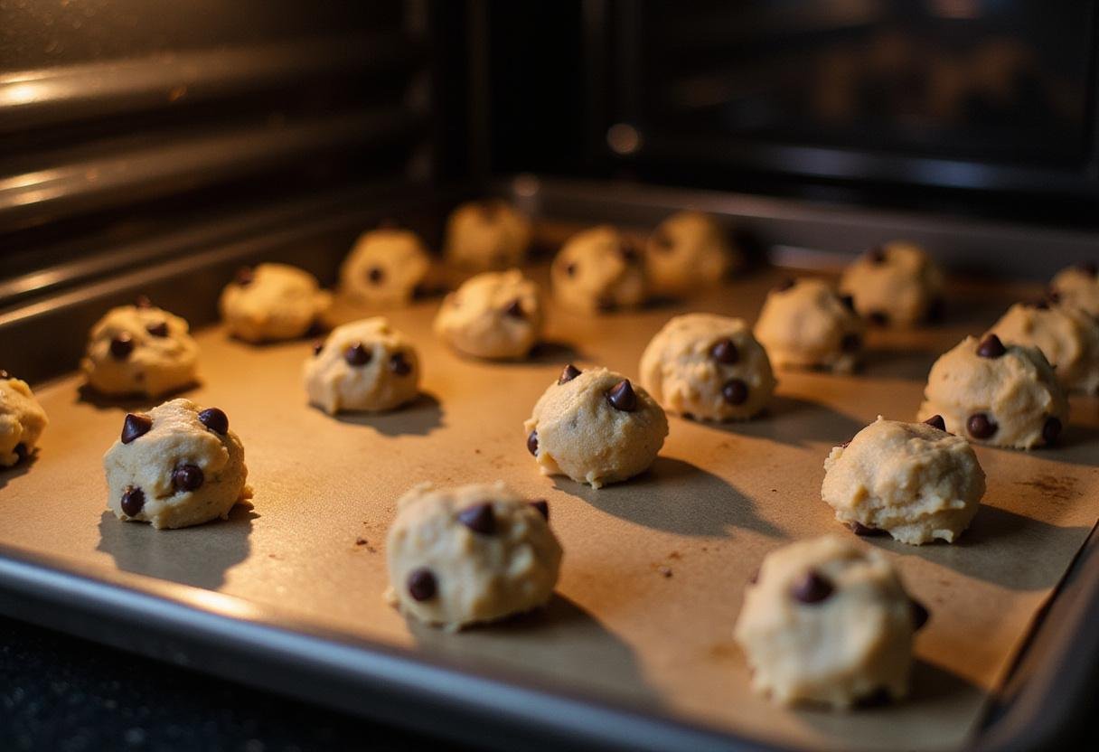 Scoop of banana chocolate chip cookie dough on a baking tray, preparing for baking, highlighting the delicious cookie process.